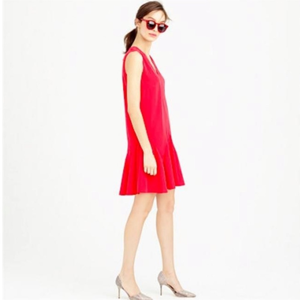 J. Crew Red V Neck Flounce Hem Dress 8 Medium